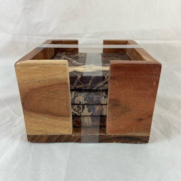 Thirstystone Set Of 4 Cherry Marble Coasters With Wood Holder 4x4 Square NEW - Picture 3 of 13